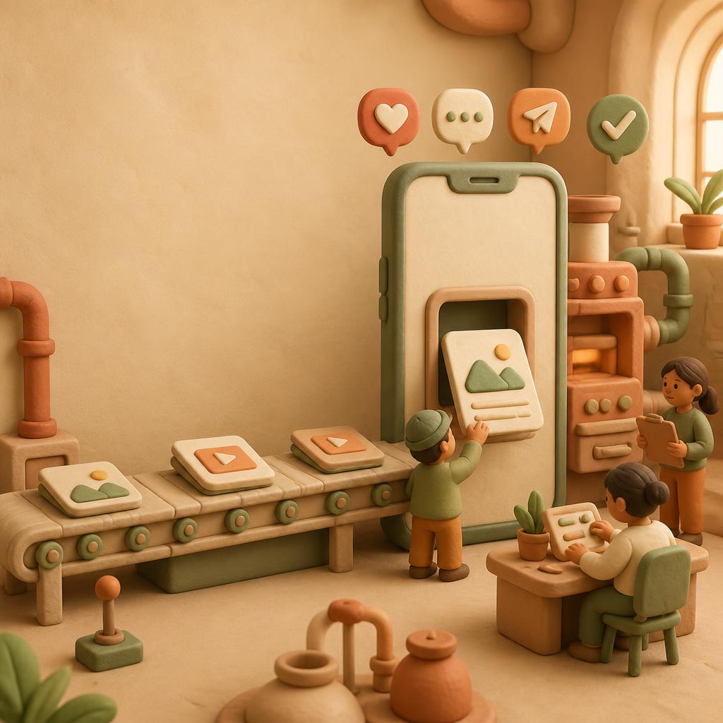Departamento de publicação da Pubai com smartphone gigante de massinha recebendo posts